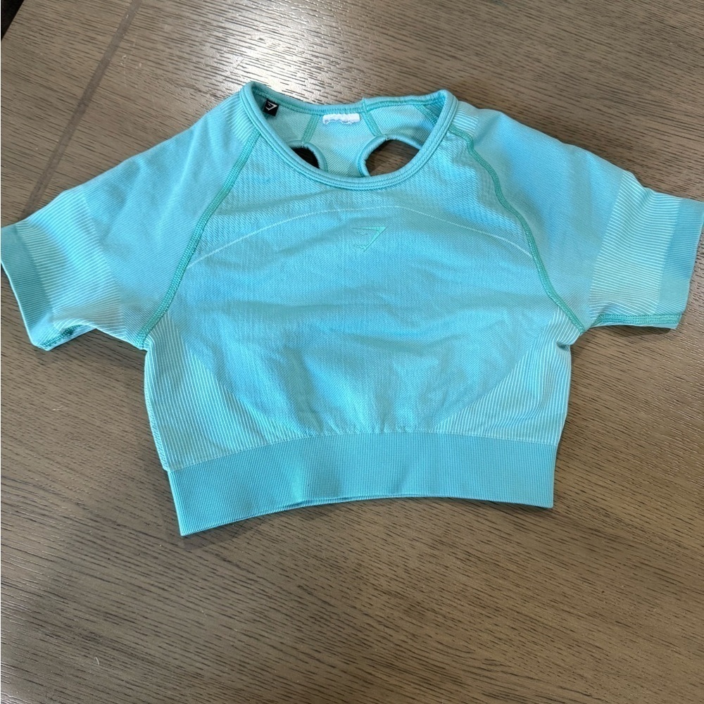 Gymshark Shirt Womens XS Blue Spearmint Um Seamless Crop Top Back Cut Out